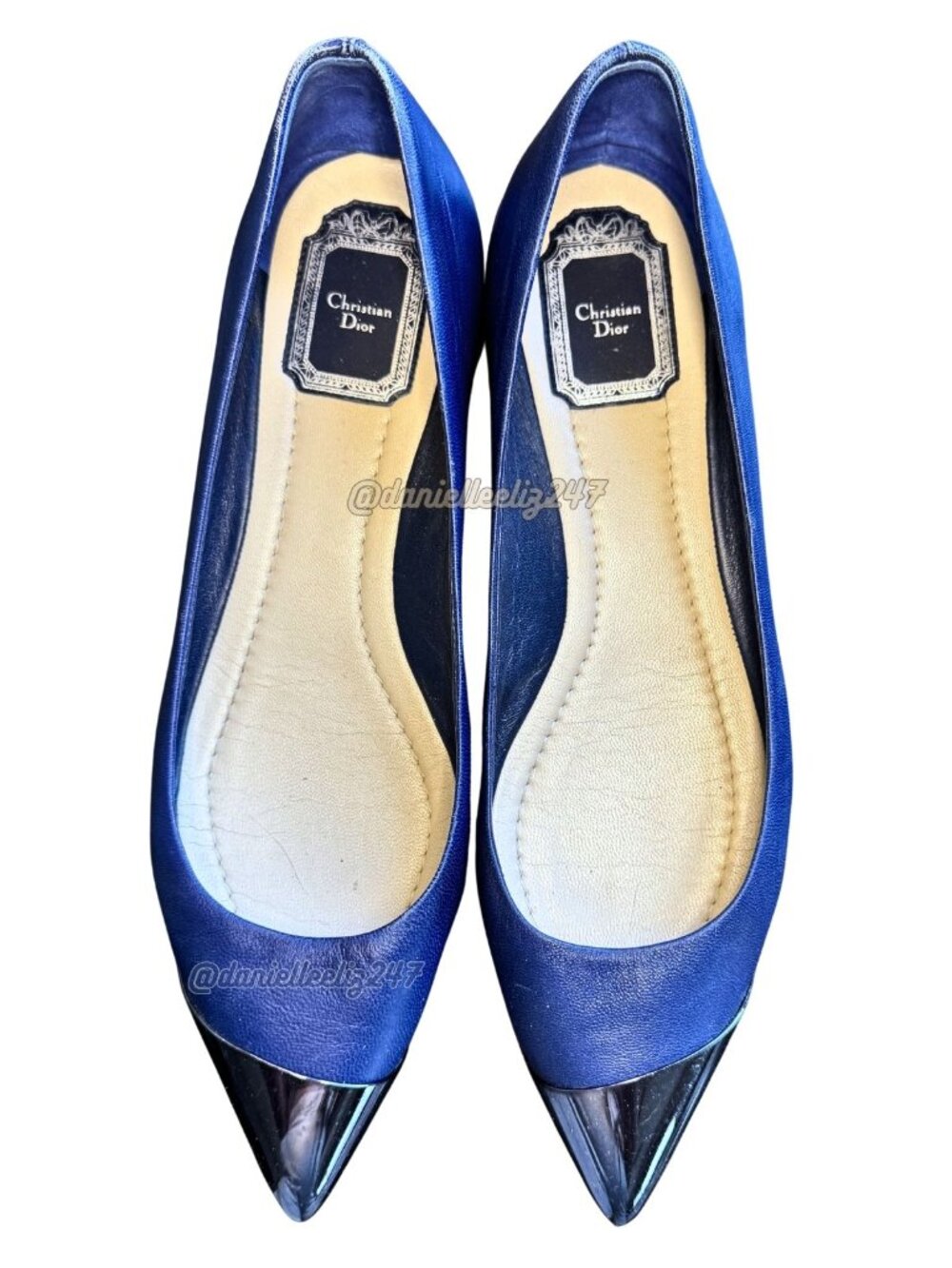 Christian Dior Pointed Toe Flats in Royal Blue with Metallic Gunmetal 10 | 40
